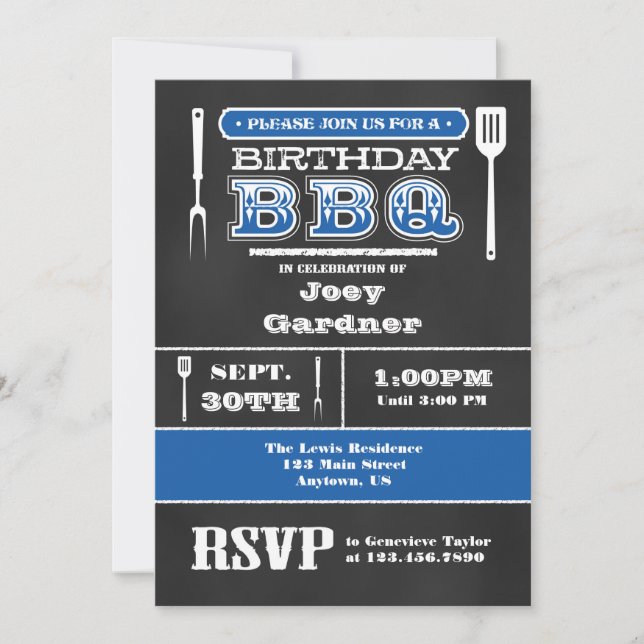 Invitación a la pizarra de cumpleaños con barbacoa (Anverso)