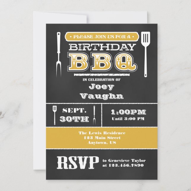 Invitación a la pizarra de cumpleaños Gold BBQ (Anverso)