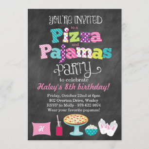 Invitación a la pizarra de Fiesta Pizza y Pajamas