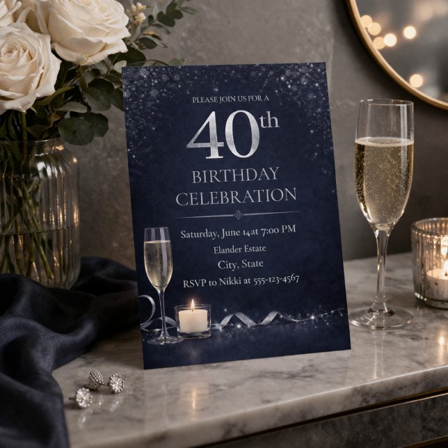 Invitación a la plata de medianoche 40º resplandor (Midnight navy and silver shimmer set the tone for a refined 40th birthday evening)