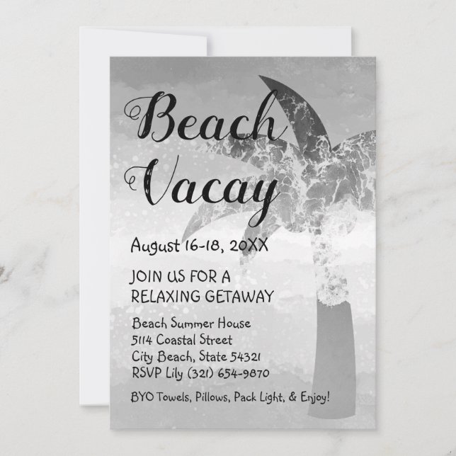 Invitación a la playa de arena y palmeras marinas (Anverso)