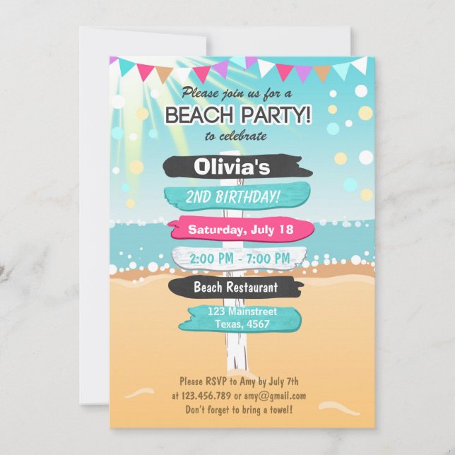 Invitación a la playa para el cumpleaños de Beach  (Anverso)