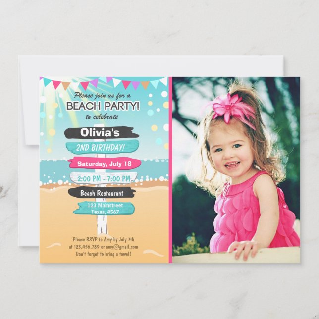 Invitación a la playa para el cumpleaños de Beach  (Anverso)