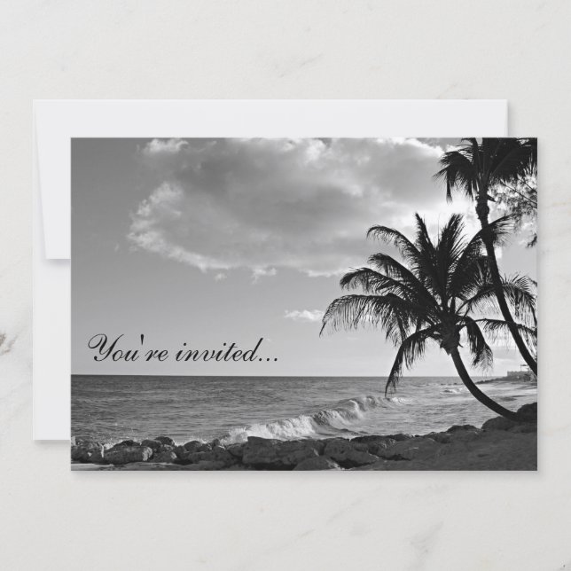 Invitación a la playa tropical en blanco y negro (Anverso)