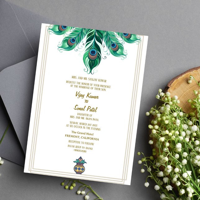 Invitación a la pluma de Boda hindú pavo real (Subido por el creador)