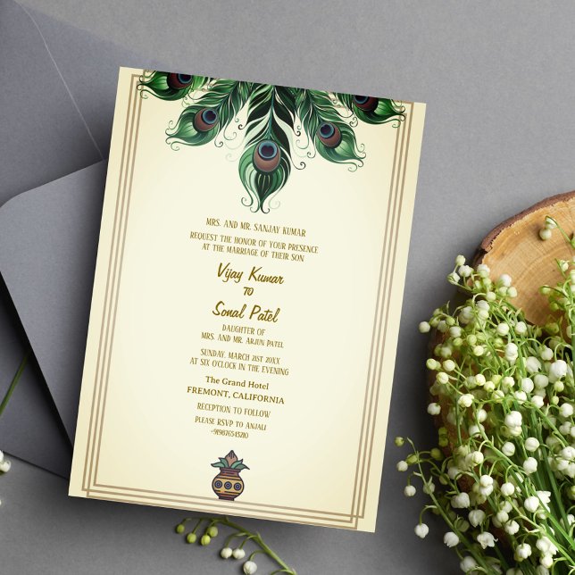 Invitación a la pluma de Boda hindú pavo real (Subido por el creador)