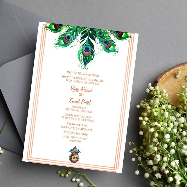Invitación a la pluma de Boda hindú pavo real (Subido por el creador)