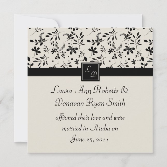 Invitación a la posboda de floral en negro y crema (Anverso)