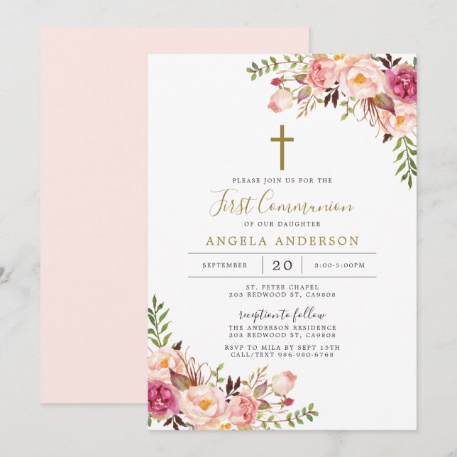 Invitación a la primera comunión con floral rosa (Anverso / Reverso)