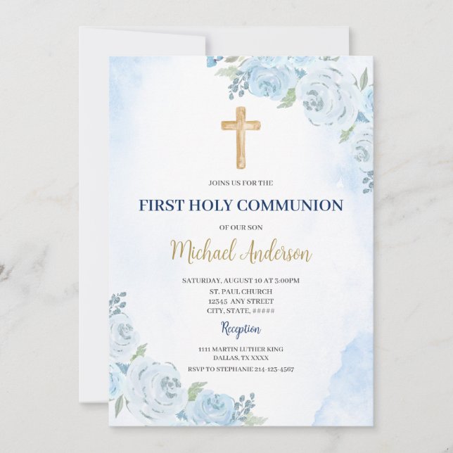 Invitación a la Primera Comunión con flores azules (Anverso)
