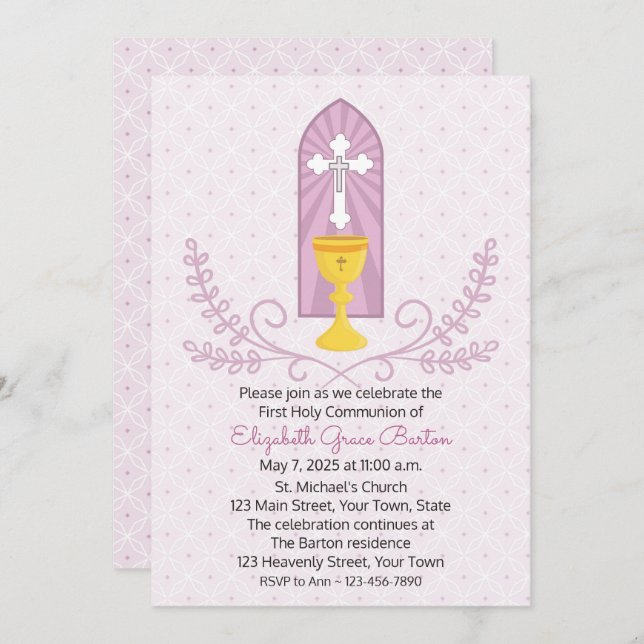 Invitación a la primera comunión de cáliz y rosa c (Anverso / Reverso)