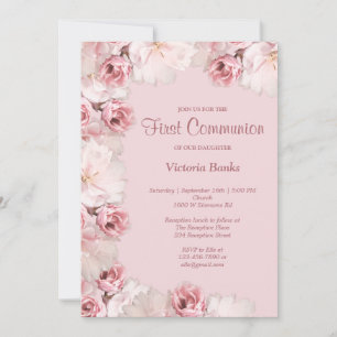 Invitación a la primera comunión de floral rosa/bl