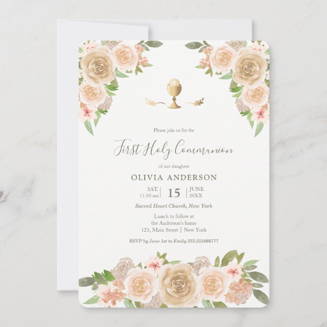 Invitación a la Primera Comunión de rosas rosas ro (Anverso)