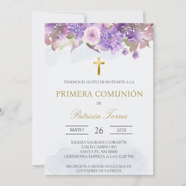 Invitación a la primera comunión en español Lavend (Anverso)