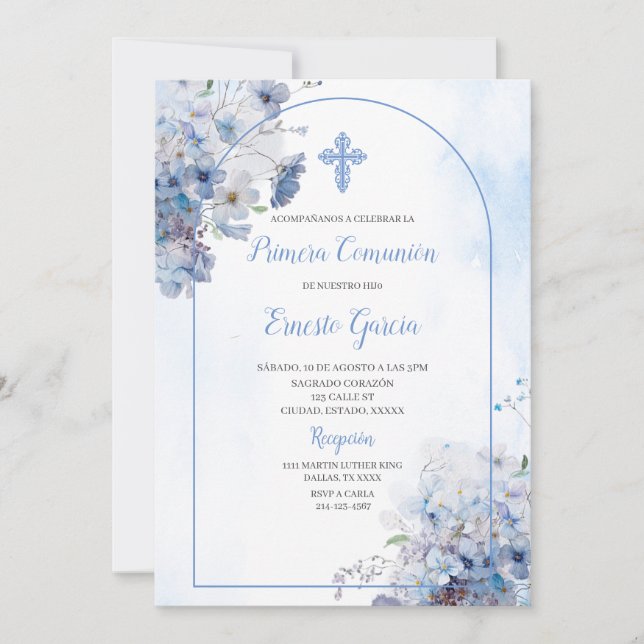 Invitación a la primera comunión floral azul (Anverso)