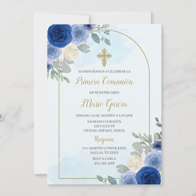 Invitación a la primera comunión floral azul turqu