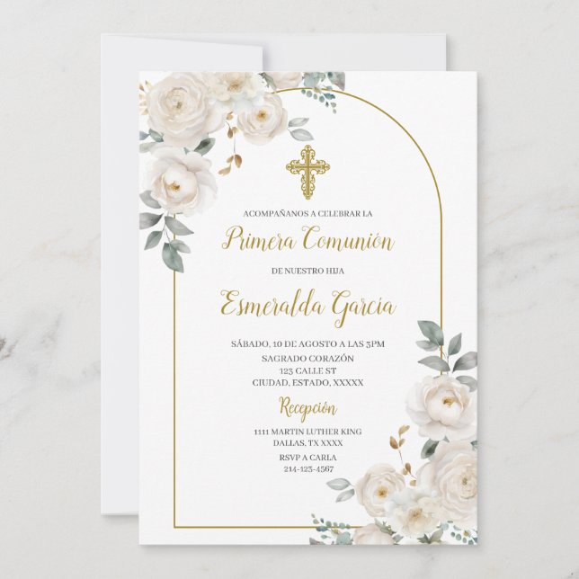 Invitación a la primera comunión floral blanca (Anverso)