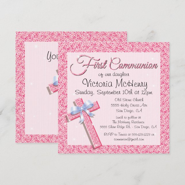 Invitación a la primera comunión rosa de la secuen (Anverso / Reverso)