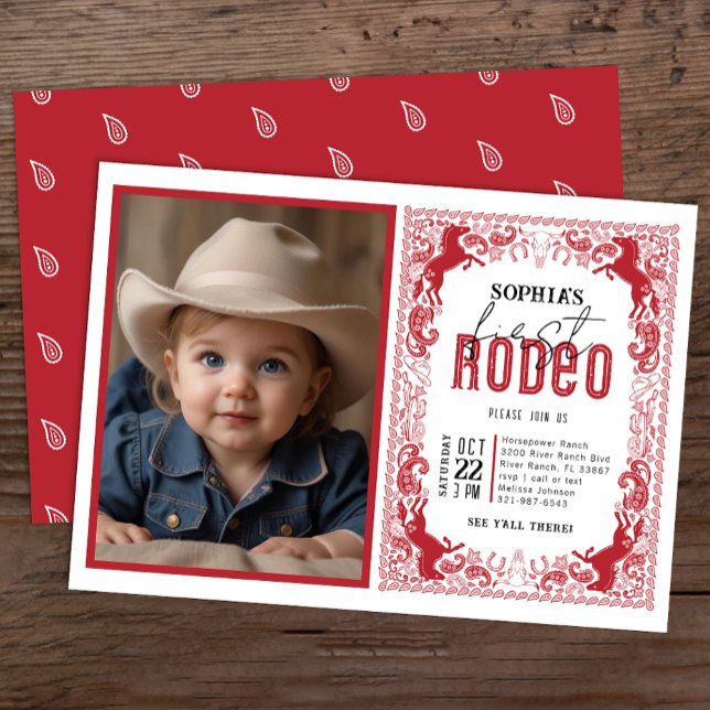 Invitación a la primera foto de rodeo de Bandana r (Red Redo Birthday Party Invite)