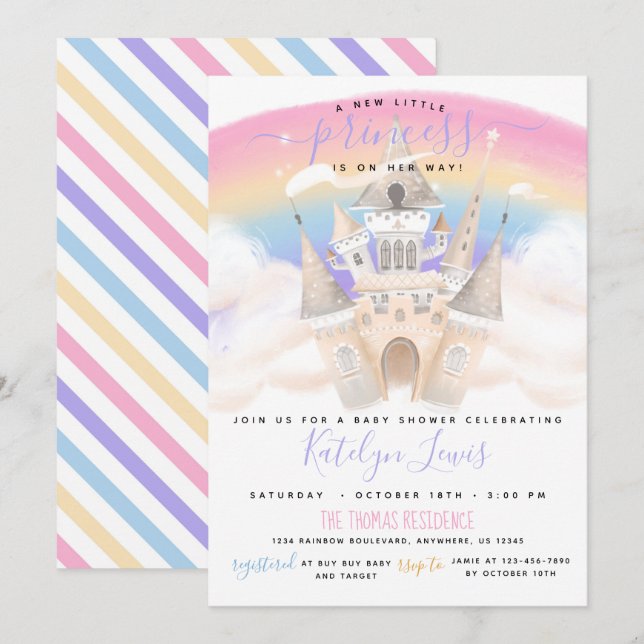 Invitación a la Princesa Baby Shower con arcoiris (Anverso / Reverso)