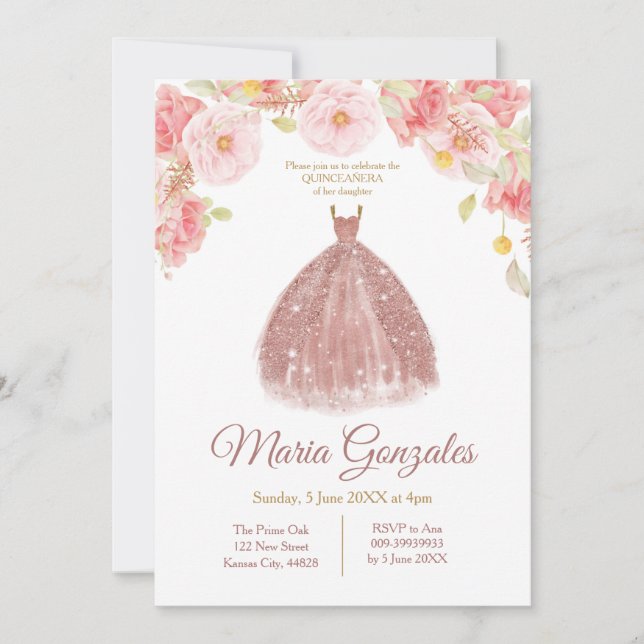 Invitación a la princesa de oro Rosa floral Quince