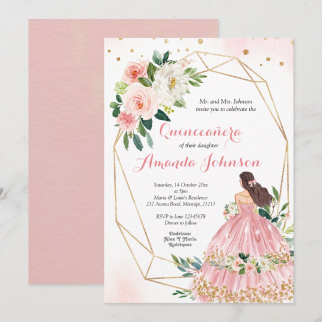 Invitación a la princesa de Rubor rosa Quinceañera (Anverso / Reverso)