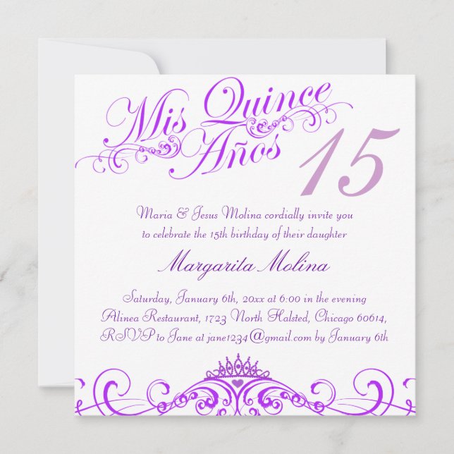 Invitación a la princesa púrpura Tiara Quinceanera (Anverso)