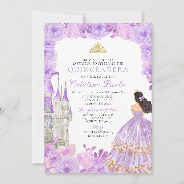 Invitación a la Princesa Quinceañera de oro púrpur (Anverso)