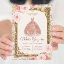 Invitación a la princesa Rosa de oro Quinceanera