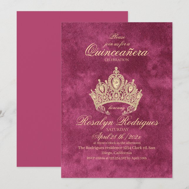 Invitación a la Princesa Rosa Dorada Quinceañera (Anverso / Reverso)