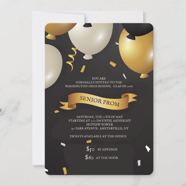 Invitación a la prom de globos negros y dorados (Anverso)