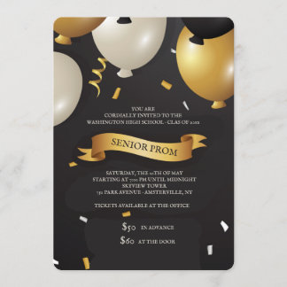 Invitación a la prom de globos negros y dorados