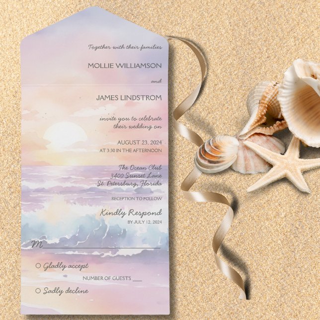 Invitación a la puesta de sol en la playa acuarela (Also available with QR code. )