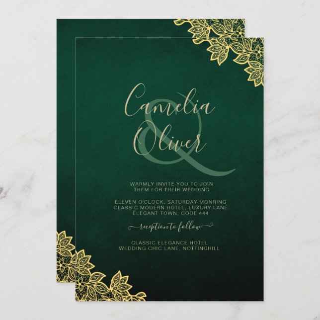 Invitación a la QR a la boda Gold Lace Emerald Gre (Anverso / Reverso)