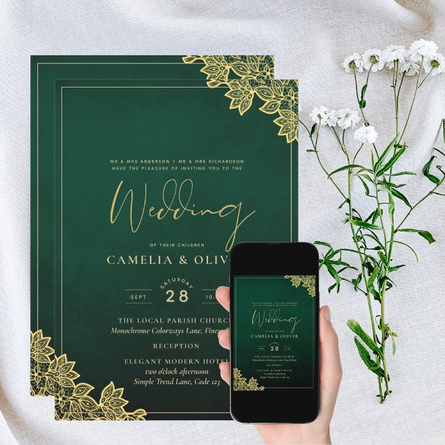 Invitación a la QR a la boda Gold Lace Emerald Gre (Subido por el creador)