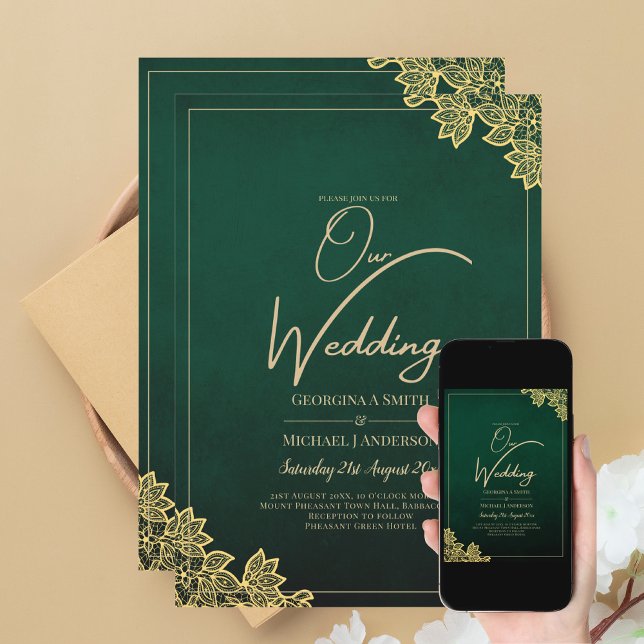 Invitación a la QR a la boda Gold Lace Emerald Gre (Subido por el creador)