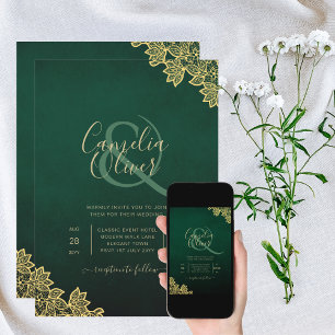 Invitación a la QR a la boda Gold Lace Emerald Gre