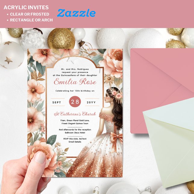 Invitación a la Quinceañera acrílica - Floral Rosa (Subido por el creador)