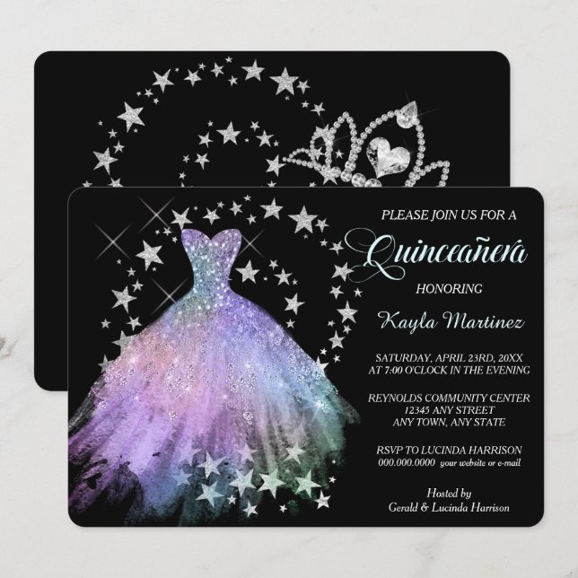 Invitación a la Quinceanera azul de la capa de lav (Anverso / Reverso)