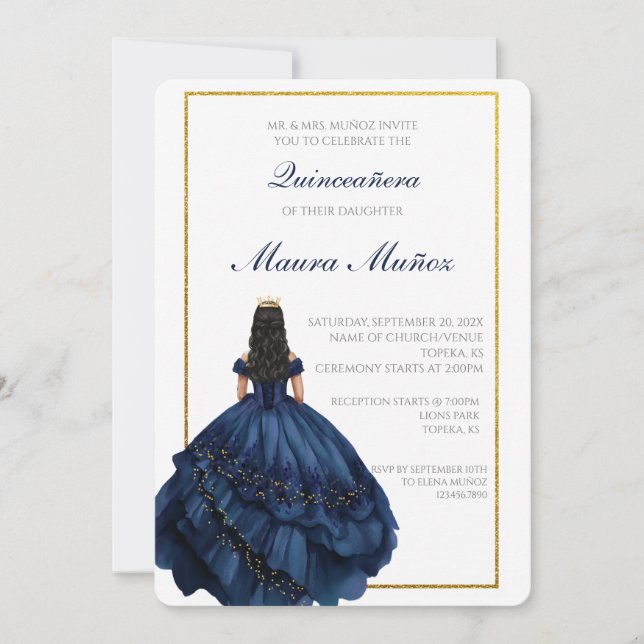 Invitación a la quinceañera azul de la marina (Anverso)