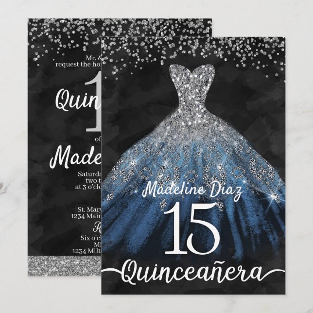 Invitación a la Quinceanera Azul de la Marina Cump (Anverso / Reverso)