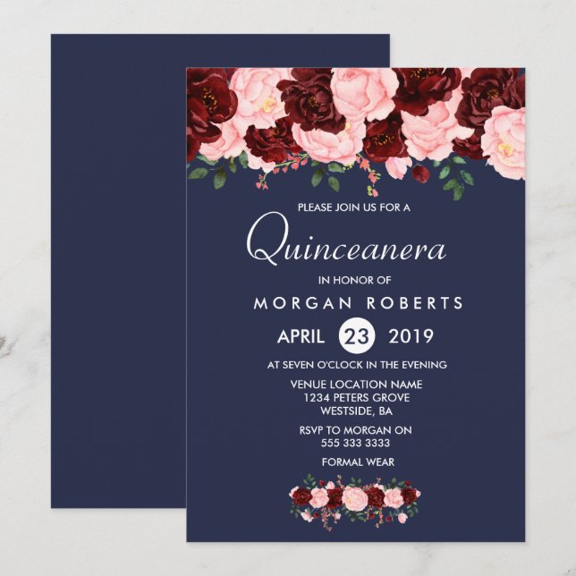 Invitación a la Quinceanera Azul de la Marina Flor (Anverso / Reverso)