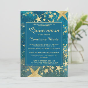 Invitación a la Quinceañera Azul y Oro brillante