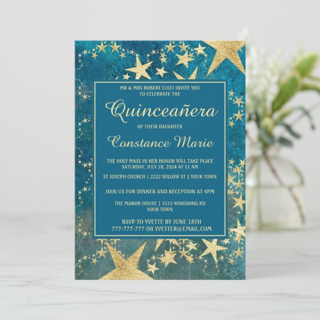 Invitación a la Quinceañera Azul y Oro brillante (Anverso de pie)
