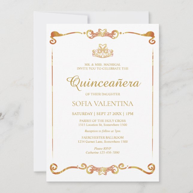 Invitación a la quinceañera clásica blanca y dorad (Anverso)