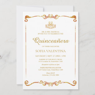 Invitación a la quinceañera clásica blanca y dorad