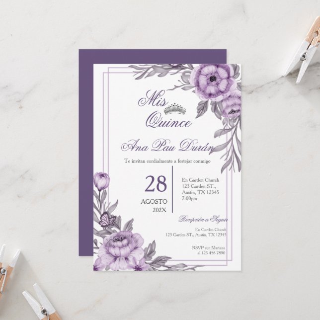 Invitación a la Quinceanera con Flor Púrpura (Anverso/Reverso In Situ)