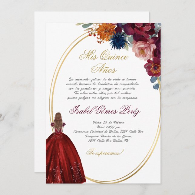 Invitación a la Quinceanera con flores de jewel (Anverso / Reverso)
