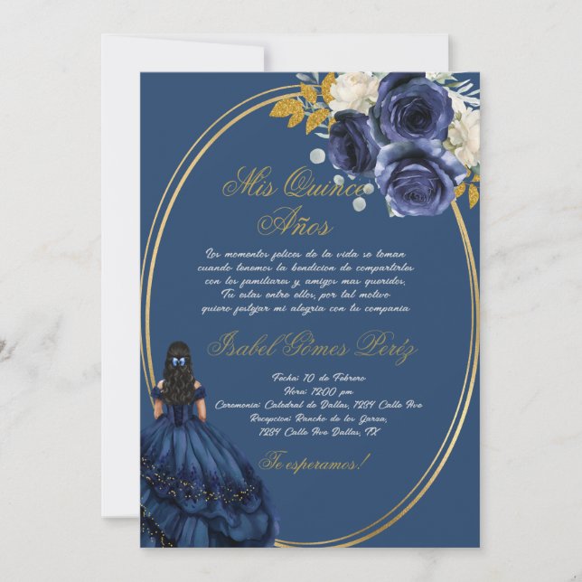 Invitación a la quinceañera con temática azul (Anverso)