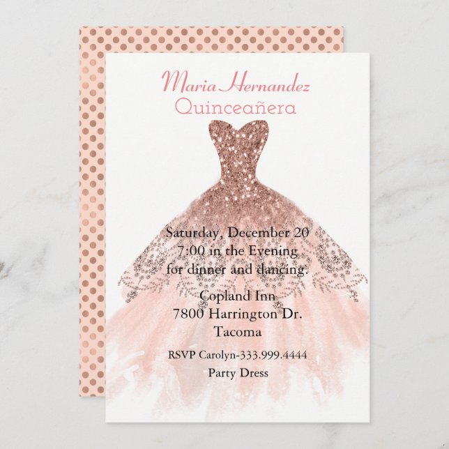 Invitación a la Quinceañera con traje de oro Glam  (Anverso / Reverso)